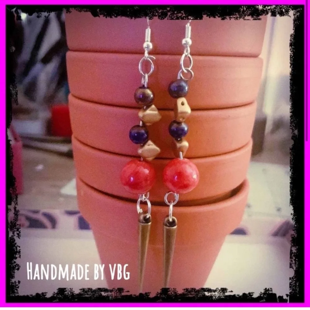 New Handmade S925 Sterling Silver Red Jasper & Iridescent Pyrite Earrings